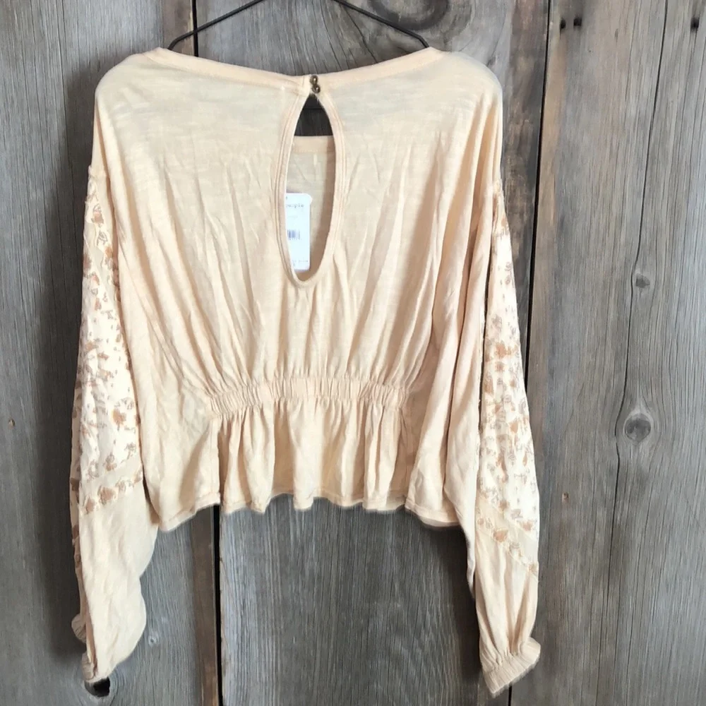 Free People Throwback Embroidered Volume Sleeve Top in Sand Combo Size S…